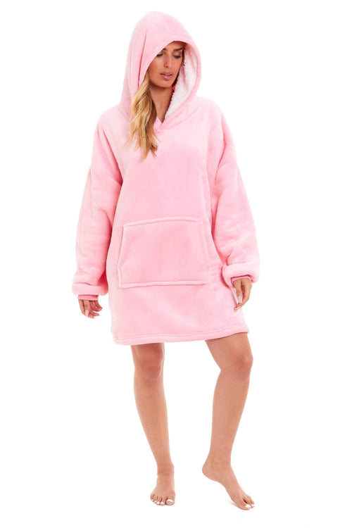 OLIVIA ROCCO Oversized Hooded Blanket Reversible Sherpa Fleece Grey And Pink For Adults