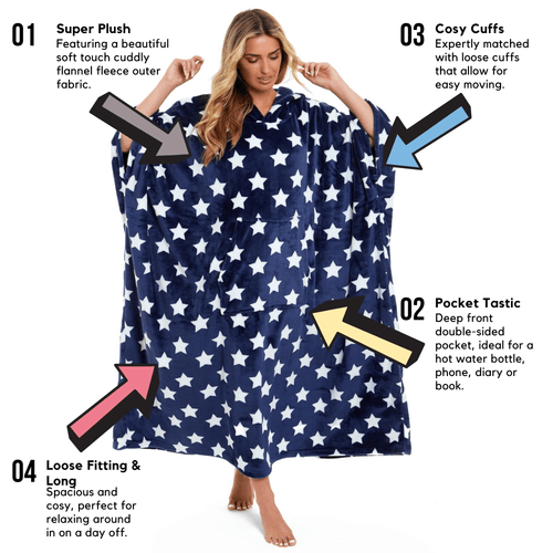 OLIVIA ROCCO Oversized Hooded Fleece Poncho Blanket Stars Polka Dots Easy Care for Cosy Home Layering