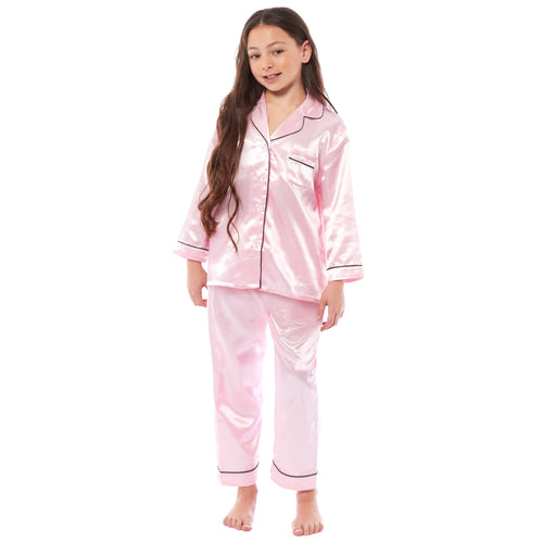OLIVIA ROCCO Girls Satin Silk Long Sleeve Pyjama Set Black Pink Grey 5-14 Button Down