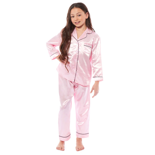 OLIVIA ROCCO Girls Satin Silk Long Sleeve Pyjama Set Black Pink Grey 5-14 Button Down