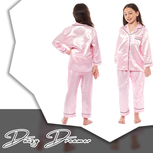 OLIVIA ROCCO Girls Satin Silk Long Sleeve Pyjama Set Black Pink Grey 5-14 Button Down