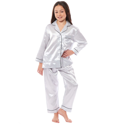 OLIVIA ROCCO Girls Satin Silk Long Sleeve Pyjama Set Black Pink Grey 5-14 Button Down