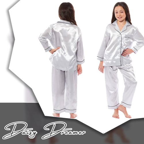 OLIVIA ROCCO Girls Satin Silk Long Sleeve Pyjama Set Black Pink Grey 5-14 Button Down