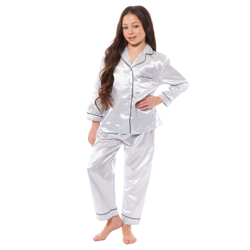 OLIVIA ROCCO Girls Satin Silk Long Sleeve Pyjama Set Black Pink Grey 5-14 Button Down