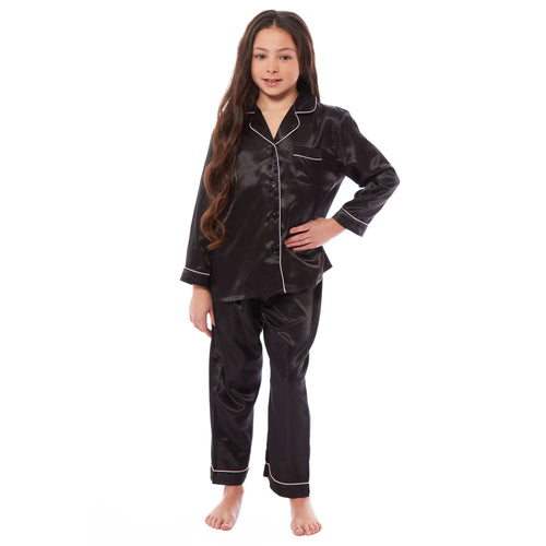 OLIVIA ROCCO Girls Satin Silk Long Sleeve Pyjama Set Black Pink Grey 5-14 Button Down