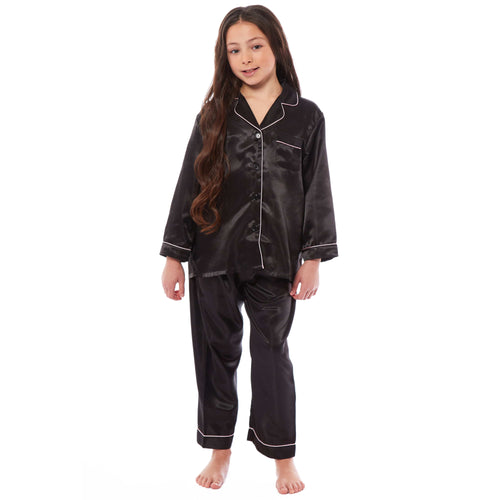 OLIVIA ROCCO Girls Satin Silk Long Sleeve Pyjama Set Black Pink Grey 5-14 Button Down