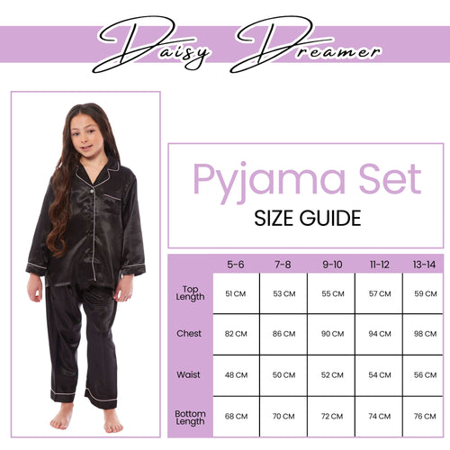 OLIVIA ROCCO Girls Satin Silk Long Sleeve Pyjama Set Black Pink Grey 5-14 Button Down