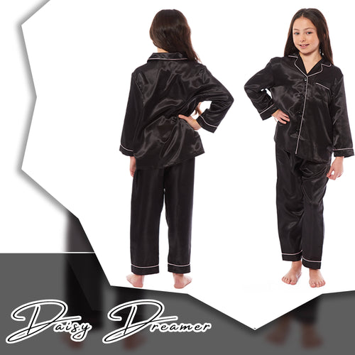 OLIVIA ROCCO Girls Satin Silk Long Sleeve Pyjama Set Black Pink Grey 5-14 Button Down