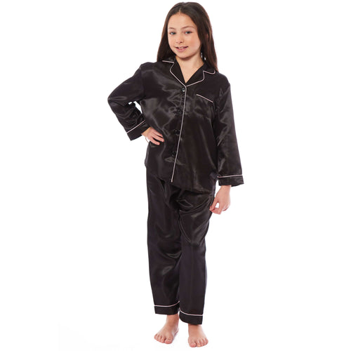 OLIVIA ROCCO Girls Satin Silk Long Sleeve Pyjama Set Black Pink Grey 5-14 Button Down