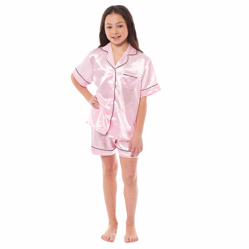OLIVIA ROCCO Girls Satin Silk Short Pyjama Set Button Down Shirt And Loose Fitting Pants