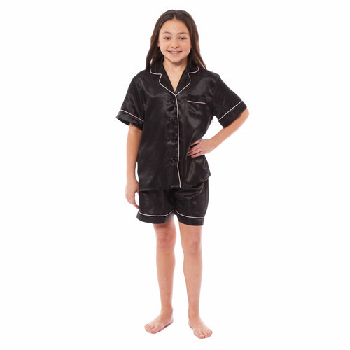 OLIVIA ROCCO Girls Satin Silk Short Pyjama Set Button Down Shirt And Loose Fitting Pants