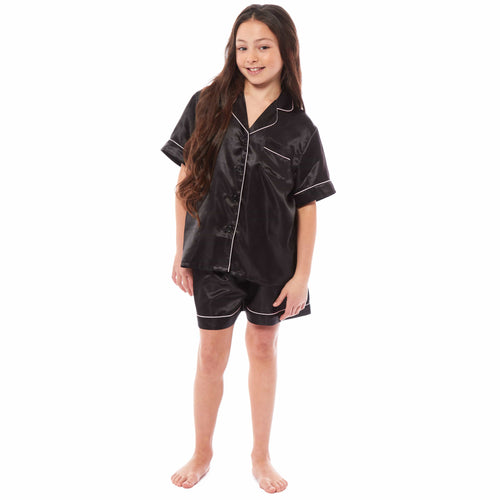 OLIVIA ROCCO Girls Satin Silk Short Pyjama Set Button Down Shirt And Loose Fitting Pants