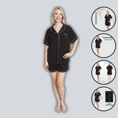 OLIVIA ROCCO Women Black Short Pyjama Set Super Soft Sleepwear With Button Up Top
