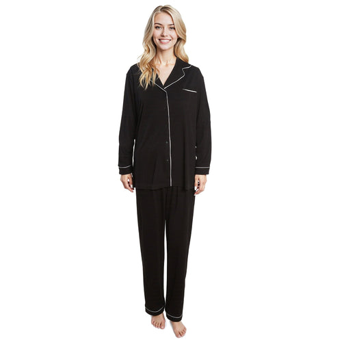 OLIVIA ROCCO Women's Black Pyjama Set Soft Touch Long Sleeve Button Up Top and Bottoms