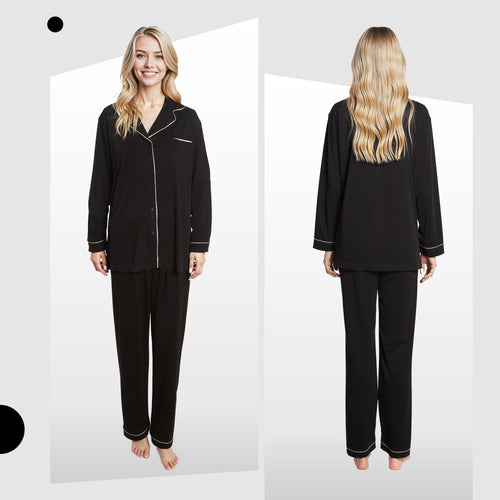 OLIVIA ROCCO Women's Black Pyjama Set Soft Touch Long Sleeve Button Up Top and Bottoms