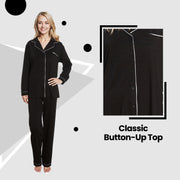OLIVIA ROCCO Women's Black Pyjama Set Soft Touch Long Sleeve Button Up Top and Bottoms