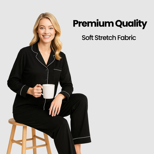 OLIVIA ROCCO Women's Black Pyjama Set Soft Touch Long Sleeve Button Up Top and Bottoms
