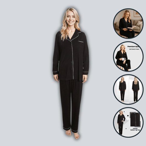 OLIVIA ROCCO Women's Black Pyjama Set Soft Touch Long Sleeve Button Up Top and Bottoms