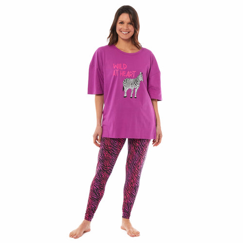 OLIVIA ROCCO Ladies Oversized Cotton T Shirt And Leggings PJ Set With Giraffe And Zebra