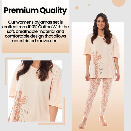 OLIVIA ROCCO Ladies Oversized Cotton T Shirt And Leggings PJ Set With Giraffe And Zebra