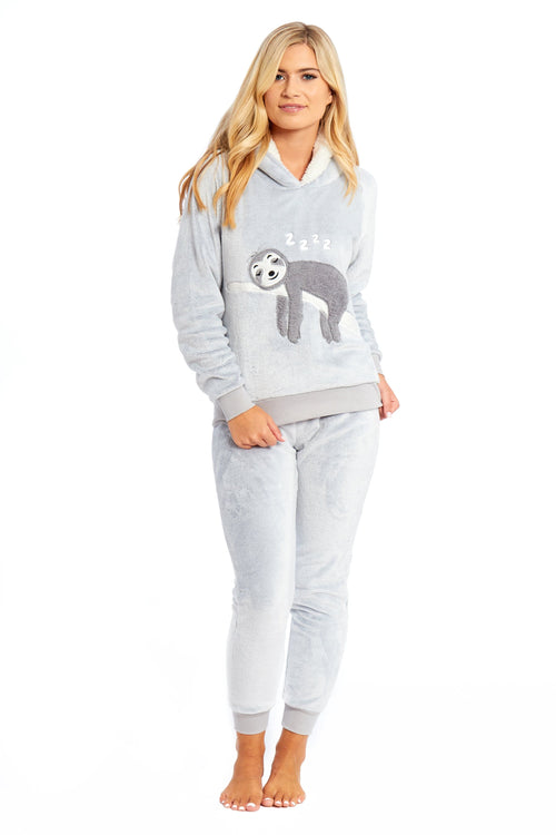OLIVIA ROCCO Matching Mother Daughter Plush Fleece Hooded Pyjama Set Embroidered Sloth