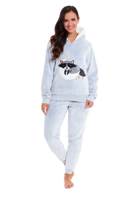 OLIVIA ROCCO Matching Mother Daughter Raccoon Fleece Hooded Pyjama Set With Sherpa Lining