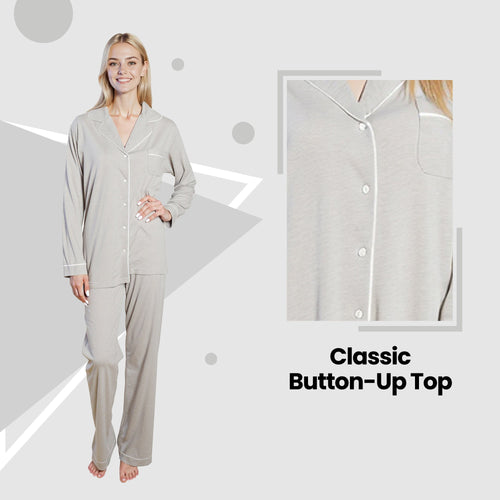 OLIVIA ROCCO Womens Grey Pyjama Set Soft Touch Long Sleeve Button Up Top Super Soft Cosy Home Loungewear