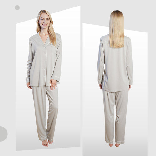 OLIVIA ROCCO Womens Grey Pyjama Set Soft Touch Long Sleeve Button Up Top Super Soft Cosy Home Loungewear