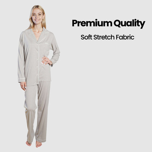 OLIVIA ROCCO Womens Grey Pyjama Set Soft Touch Long Sleeve Button Up Top Super Soft Cosy Home Loungewear