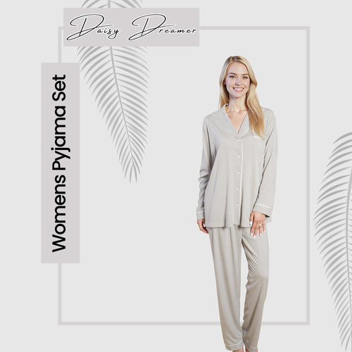 OLIVIA ROCCO Womens Grey Pyjama Set Soft Touch Long Sleeve Button Up Top Super Soft Cosy Home Loungewear