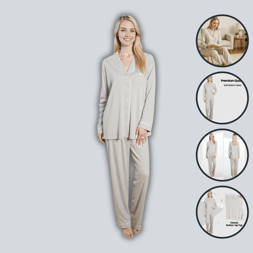 OLIVIA ROCCO Womens Grey Pyjama Set Soft Touch Long Sleeve Button Up Top Super Soft Cosy Home Loungewear
