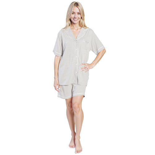 OLIVIA ROCCO Womens Grey Short Pyjama Set Button Up Top and Shorts with Pockets Cosy Easy-Care Nightwear Set
