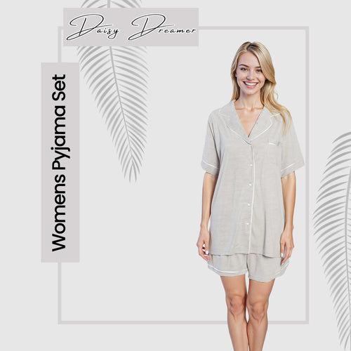 OLIVIA ROCCO Womens Grey Short Pyjama Set Button Up Top and Shorts with Pockets Cosy Easy-Care Nightwear Set