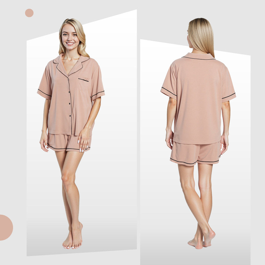 OLIVIA ROCCO Women's Natural Short Pyjama Set Button Up Top And Shorts With Pockets