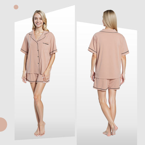 OLIVIA ROCCO Women's Natural Short Pyjama Set Button Up Top And Shorts With Pockets
