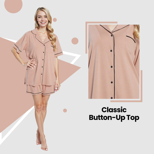 OLIVIA ROCCO Women's Natural Short Pyjama Set Button Up Top And Shorts With Pockets