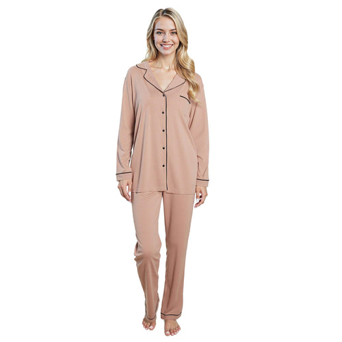 OLIVIA ROCCO Women's Pyjama Set Natural Soft Touch Long Sleeve Button-Up Top and Bottoms
