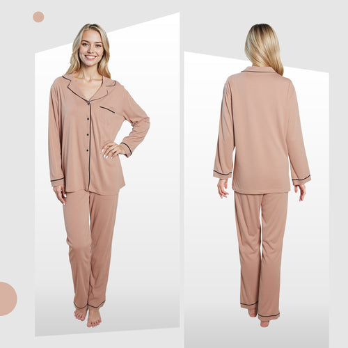 OLIVIA ROCCO Women's Pyjama Set Natural Soft Touch Long Sleeve Button-Up Top and Bottoms