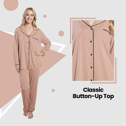 OLIVIA ROCCO Women's Pyjama Set Natural Soft Touch Long Sleeve Button-Up Top and Bottoms