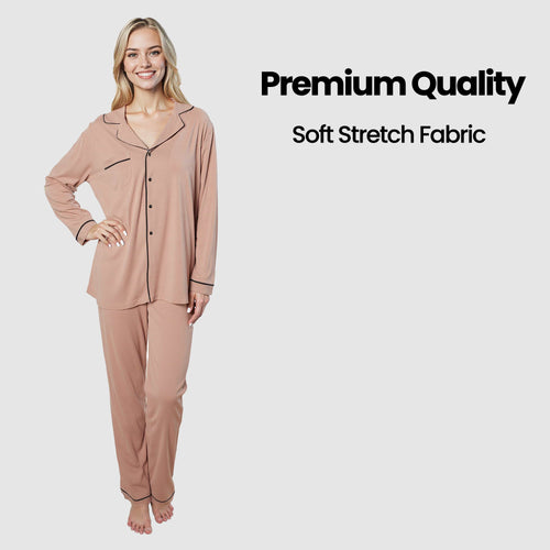 OLIVIA ROCCO Women's Pyjama Set Natural Soft Touch Long Sleeve Button-Up Top and Bottoms