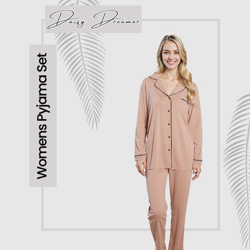 OLIVIA ROCCO Women's Pyjama Set Natural Soft Touch Long Sleeve Button-Up Top and Bottoms