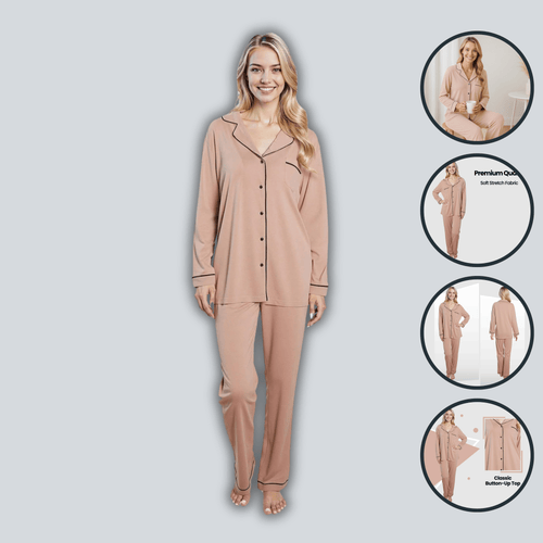 OLIVIA ROCCO Women's Pyjama Set Natural Soft Touch Long Sleeve Button-Up Top and Bottoms