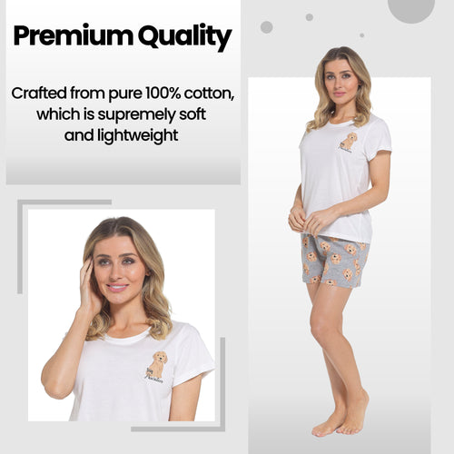 OLIVIA ROCCO Women Cockapoo Pyjama Set T Shirt And Shorts Soft Cotton Loungewear