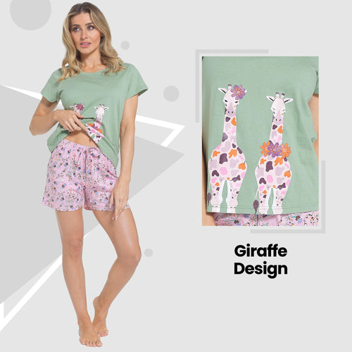OLIVIA ROCCO Giraffe Pyjama Set for Women T Shirt and Shorts Soft Cotton Loungewear