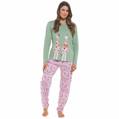 OLIVIA ROCCO Women's Giraffe Print Cotton Jersey Long Sleeve Pyjama Set Soft Sleepwear