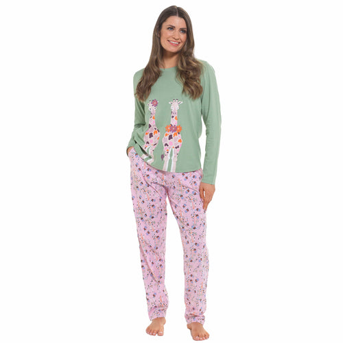 OLIVIA ROCCO Women's Giraffe Print Cotton Jersey Long Sleeve Pyjama Set Soft Sleepwear