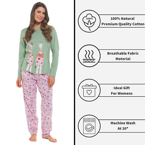 OLIVIA ROCCO Women's Giraffe Print Cotton Jersey Long Sleeve Pyjama Set Soft Sleepwear