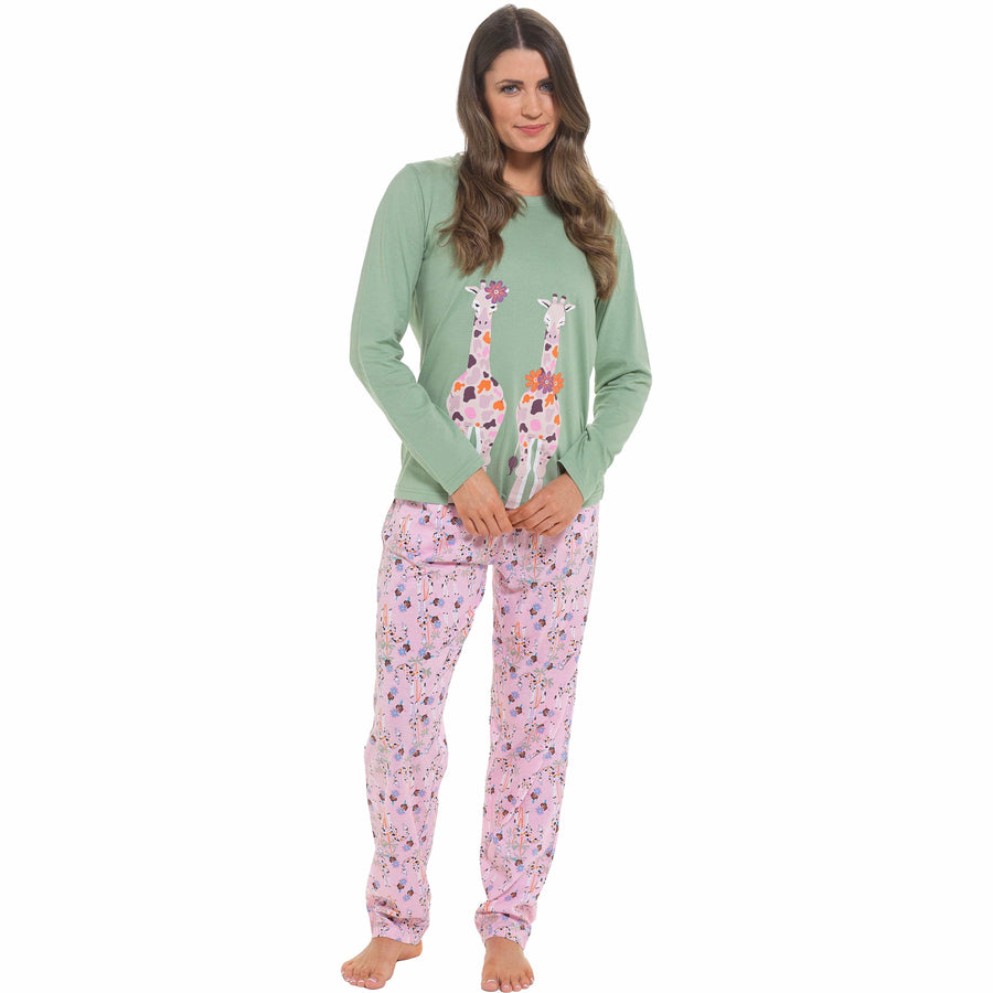 OLIVIA ROCCO Women's Giraffe Print Cotton Jersey Long Sleeve Pyjama Set Soft Sleepwear