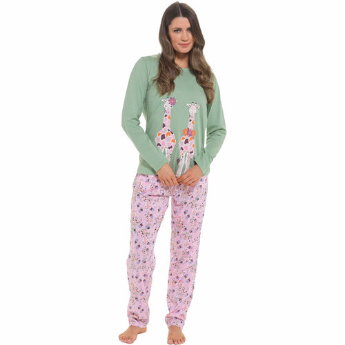 OLIVIA ROCCO Women's Giraffe Print Cotton Jersey Long Sleeve Pyjama Set Soft Sleepwear
