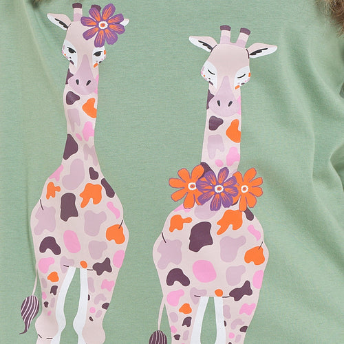 OLIVIA ROCCO Women's Giraffe Print Cotton Jersey Long Sleeve Pyjama Set Soft Sleepwear